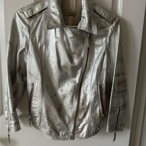 NWOT GIMO'S Cropped Leather Biker Jacket,  XS Silver Distressed LEATHER, - Picture 2 of 9